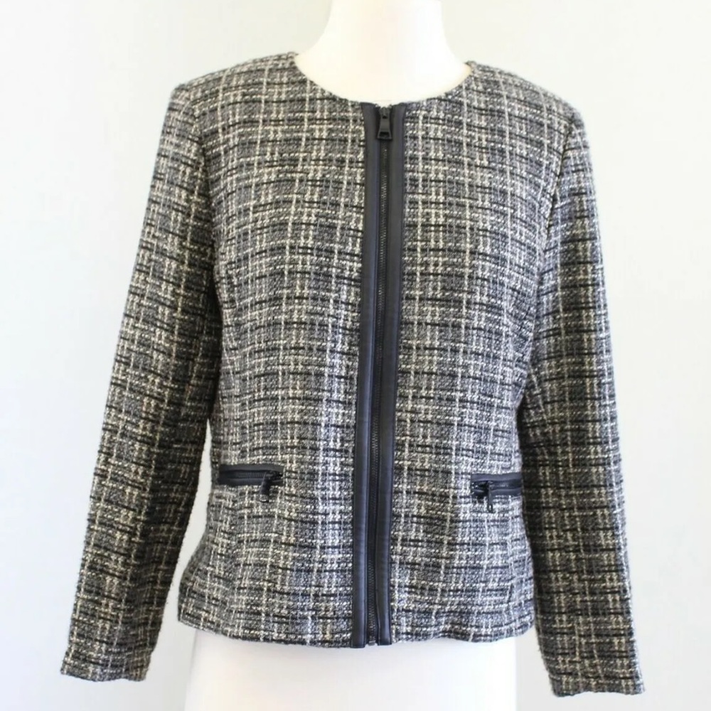 BANANA REPUBLIC 12P Boucle Tweed Zip Up Career Jacket Faux Leather Trim Zippers